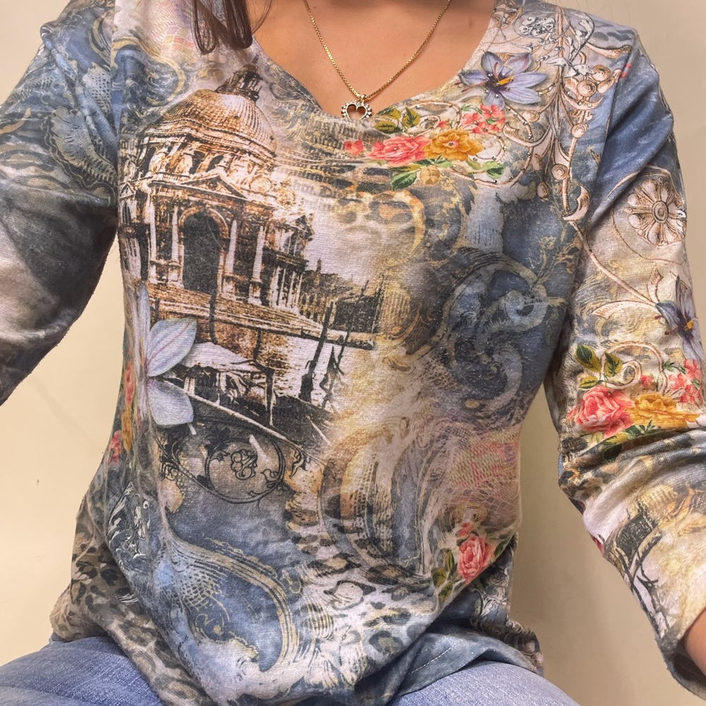 Fairycore renaissance all over rhinestone studded 3/4 sleeve tee shirt blouse